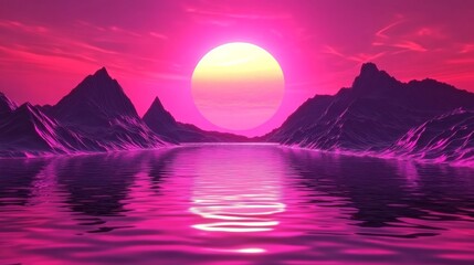 Vibrant pink sunset over calm lake and majestic mountains.