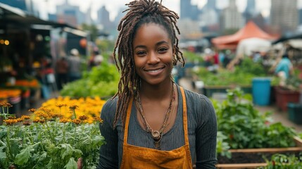 [Urban nature urban agriculture gardens] Young Adult Farmer's Market Scene: Relaxed Smile at Farmers Market Stalls with Fresh Produce and Plants