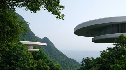 futuristic buildings to utopian vision concept. Futuristic structures blend harmoniously with lush mountains, showcasing innovative architecture and eco-friendly design in a serene landscape.