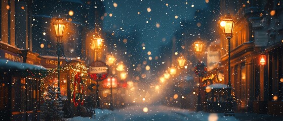 Festive Victorian street scene, gas lamps glowing through gentle snowfall, historic Christmas decorations