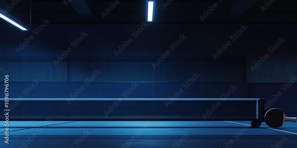 Poster a dimly lit indoor table tennis scene with a table and paddle.