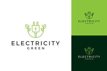 Green energy logo design template, electric plugs and leaf concept