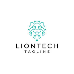 Lion digital logo design template, head lion and circuit concept