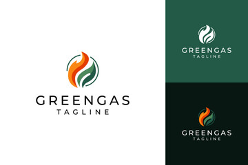 Green gas logo design template, fire and leaf concept