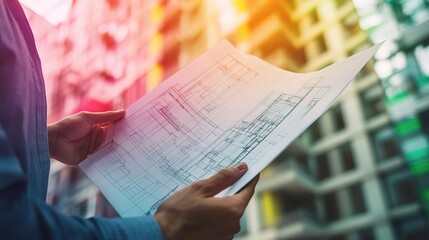 Naklejka premium Vibrant Construction Professional Analyzing Building Plans in Hand, Showcasing Engineering Expertise and Future Development in Urban Environment