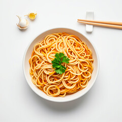 Bowl of noodles isolated on white background