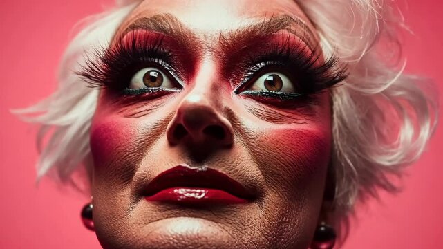 Bold theatrical makeup enhances expression in artistic portrait with dramatic lighting