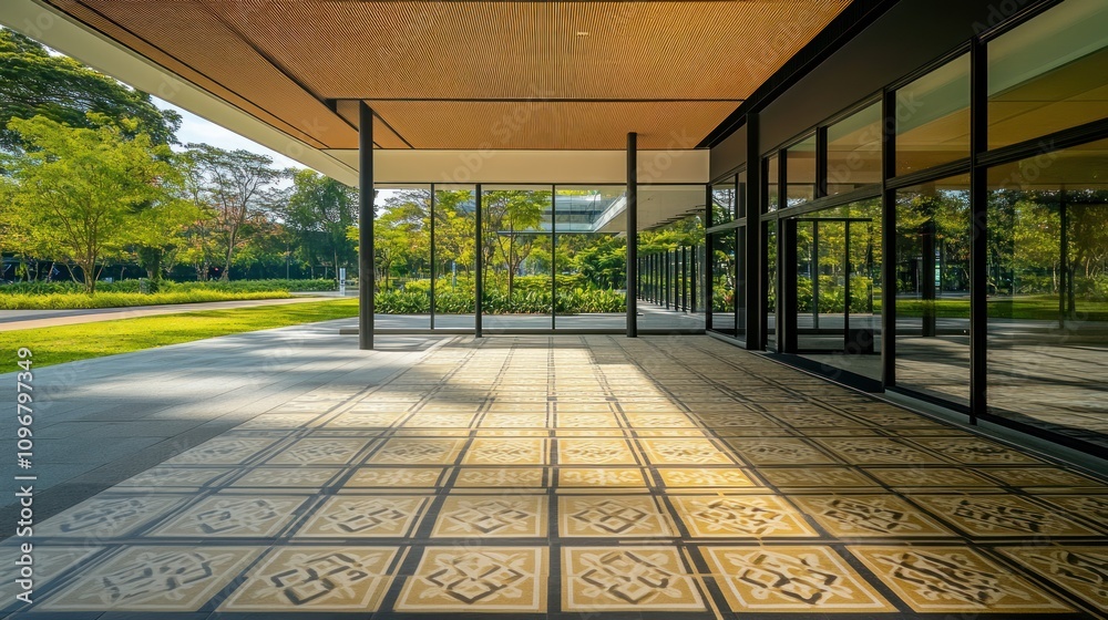 Poster a modern architectural space with patterned tiles and lush greenery outside.