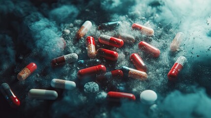 Drug addiction international day against drug abuse and illicit drug trafficking visuals featuring drugs set against a dark backdrop