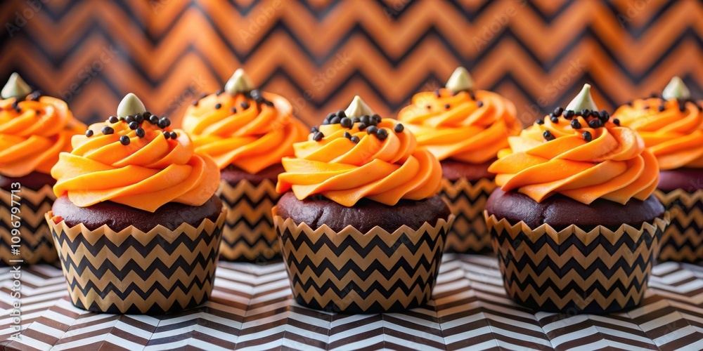 Poster a row of chocolate cupcakes with orange frosting and black sprinkles on a chevron patterned surface.