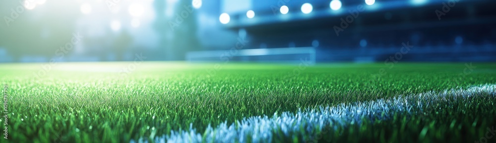 Poster A close-up view of a well-maintained soccer field with goalposts in the background.