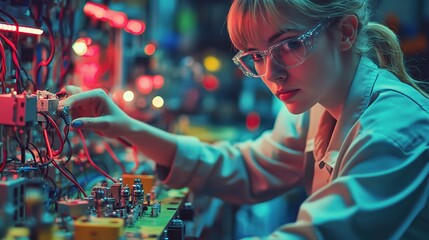 Naklejka premium Focused Female Engineer Working on Colorful Electrical Components in a Lab Environment with Bright Lighting and Intricate Circuitry