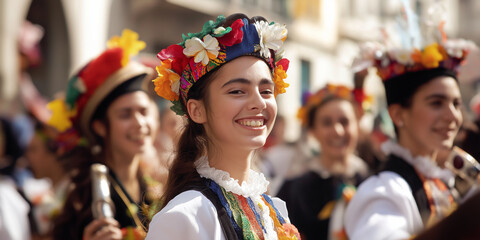 A joyful participant in a cultural festival, adorned with vibrant traditional clothing and a flower-filled headdress, smiles among fellow festival-goers.