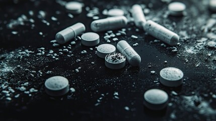 Drug addiction international day against drug abuse and illicit drug trafficking visuals featuring drugs set against a dark backdrop