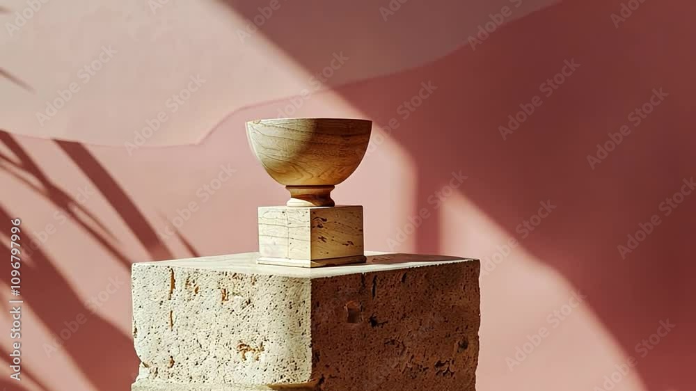 Aufkleber the composition features a finely crafted wooden bowl resting on a square stone pedestal. a warm, so