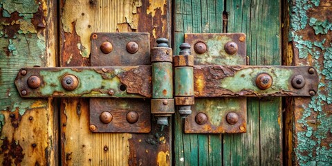 A weathered door hinge with rusted metal and peeling paint, revealing layers of color and time
