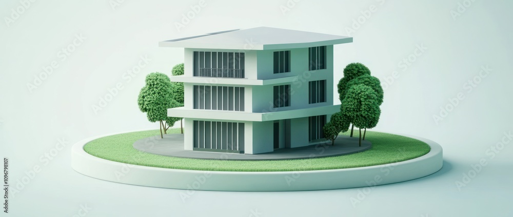 Poster a modern three-story building surrounded by greenery on a circular base.