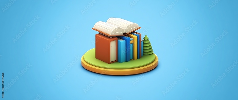 Aufkleber A colorful stack of books with an open book and a small tree on a grassy base.
