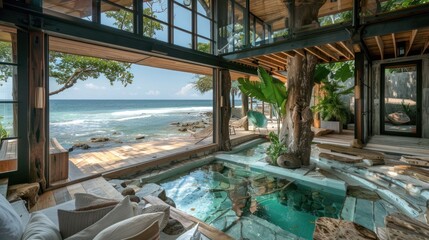 Fototapeta premium Oceanfront treehouse interior with indoor pool.