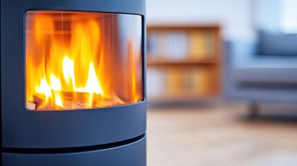 Warm flames dance in a modern living room setting with black ceramic stove and cozy ambiance