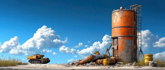 Obraz premium [Silo & Tank Construction Waste] Rusted Industrial Water Tower Amidst Serene Winter Landscape With Yellow Crane and Snowy Ground