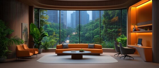 Fototapeta premium [creative workspace hub office design] Luxurious Living Room with Panoramic Outdoor View