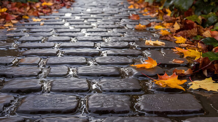 A cobblestone path with autumn leaves frozen under a thin layer of ice