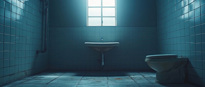 [Bathroom drain ventilation] Small dimly lit minimalist room with a solitary white toilet and two empty wooden crates
