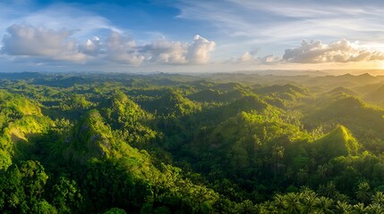 A panoramic view of rolling green hills under a clear blue sky, dotted with dense trees and bathed in soft sunlight.