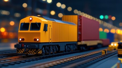 Obraz premium [Multimodal Transport freight management] Vibrant Yellow Train Speeds Away Under Streetlight Glow Night Scene Urban Railways Industrial Landscape.