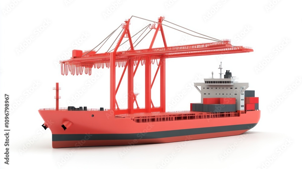 Poster a red cargo ship with cranes and containers, designed for transporting goods.