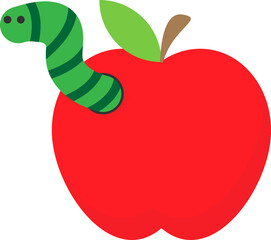 A red apple with a green worm emerging from a hole, featuring a green leaf and brown stem.
