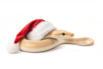 Albino snake wearing red Santa hat, festive Christmas theme, reptile holiday concept, unique seasonal decoration, white background, animal portrait