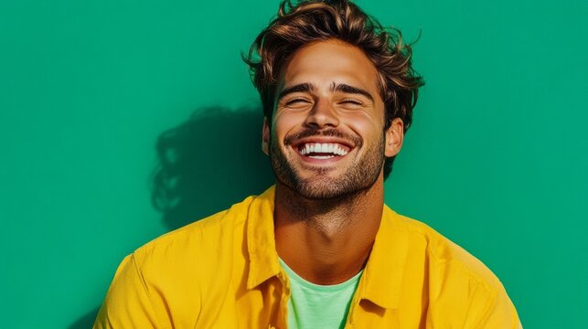 A man with a yellow shirt and green shirt is smiling - Powered by Adobe
