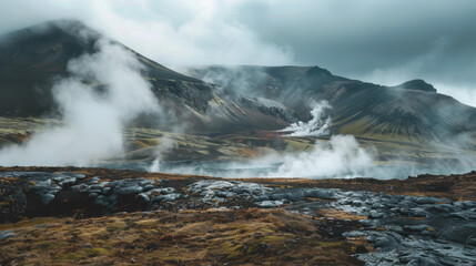 Empty volcanic valley with steam