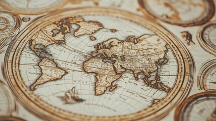 An antique world map showcasing intricate details of continents and oceans, perfect for history enthusiasts and travel lovers.