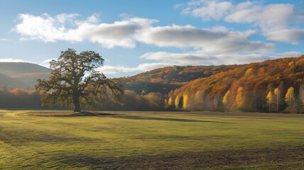 Fototapeta premium An open field with a single oak tree and a vibrant autumn backdrop
