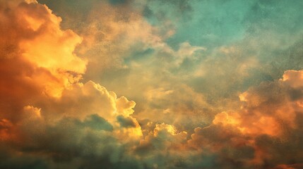 Fototapeta premium A textured background of a cloud-filled sky at sunset, with dramatic contrasts of light and shadow, and vibrant colors blending together. 32k, full ultra hd, high resolution