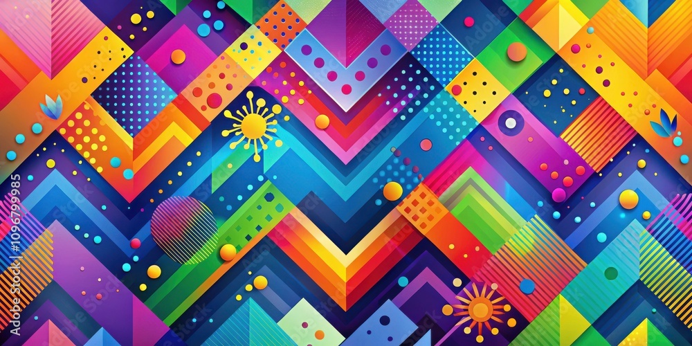 Leinwandbilder A bold and vibrant abstract pattern with geometric shapes, dots, and lines in a multitude of colors, creating a dynamic and visually stimulating composition.