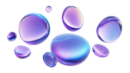 Iridescent pastel purple and blue glossy glass shapes isolated on a transparent background, png cutout