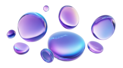 Iridescent pastel purple and blue glossy glass shapes isolated on a transparent background, png cutout