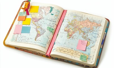 World map journal, travel notes, colorful stickers.