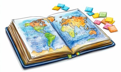 Open book, world map, colorful squares.