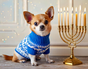 charming dog in a knitted sweater beside a warm, lit menorah for Hanukkah