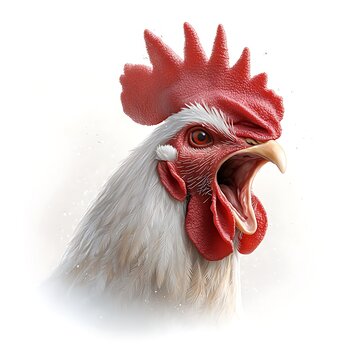A detailed illustration of an angry rooster head, positioned front and center, with feathers ruffled and beak wide open in a loud crow, set against a clean, white background.