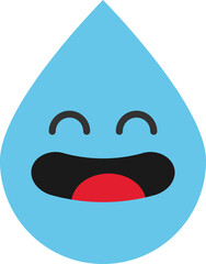 Blue water droplet with a happy face, closed eyes, open mouth with black interior and red tongue.
