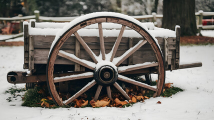 Fototapeta premium A rustic wagon wheel partially buried in snow and leaves