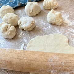 Dough on the table and flour and rolling pin kitchen photo 