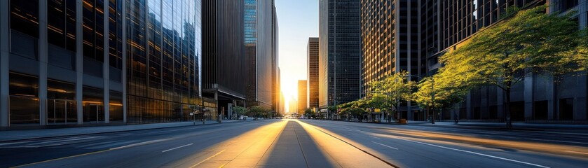 Obraz premium A sunlit urban street scene with skyscrapers and greenery, capturing a serene city moment.
