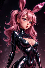 Sexy blue eyes pink hair Anime character Black Leather with Bunny Ears